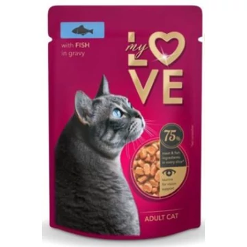 My Love alutasakos macskaeledel hal szószban 24x85g – gazdag halban és vitaminokban, ideális nedves táp macskák számára.