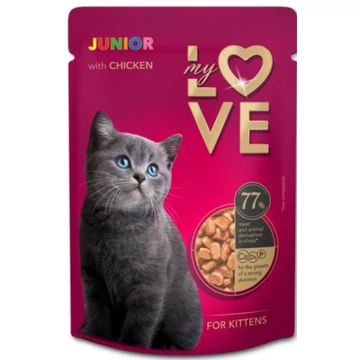 My Love alutasakos kölyök macskaeledel csirke 24x85g – finom csirkés nedves táp kiscicák számára, vitaminokkal és ásványi anyagokkal.