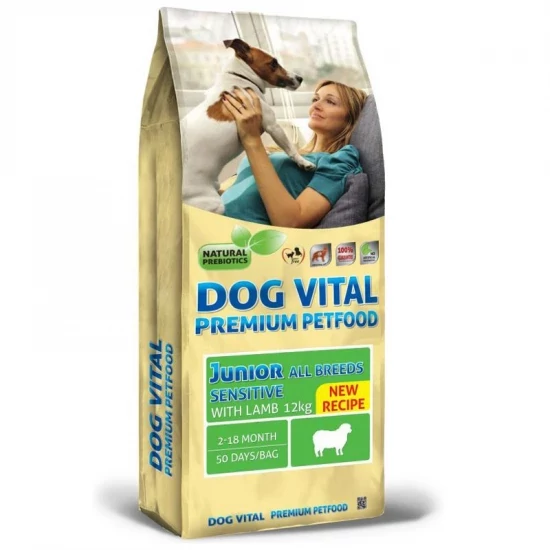 Dog Vital Junior Sensitive All Breeds Lamb 12kg kutya száraztáp fiatal, érzékeny kutyák számára, bárányhússal és kiegyensúlyozott tápanyagokkal.