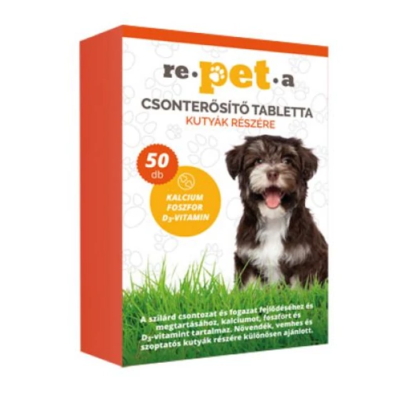 Repeta Csonterősítő tabletta 50 db kutyáknak, kalcium, foszfor és D3-vitamin tartalommal az egészséges csontok és fogak érdekében