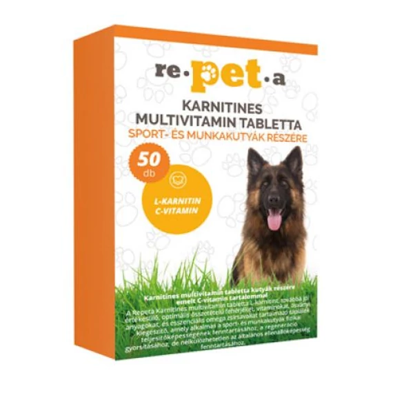 Repeta karnitines multivitamin tabletta 50 db sport- és munkakutyáknak, L-karnitinnel, C-vitaminnal és esszenciális zsírsavakkal az izomenergia és teljesítmény támogatására