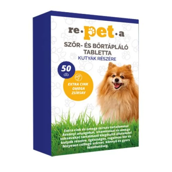 Repeta szőr- és bőrtápláló tabletta 50 db kutyáknak, extra cinkkel és omega-zsírsavakkal, egészséges szőrzet és bőr támogatására