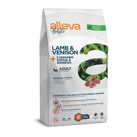 Alleva Holistic gabonamentes Felnőtt Mini Kutyáknak Bárány & Vadhús + Cannabis Sativa & Ginzeng 2 kg