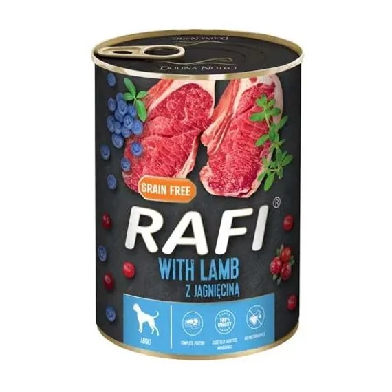 RAFI bárányos kutyakonzerv áfonyával felnőtt kutyáknak 800g