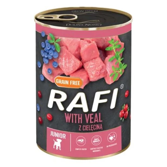 RAFI Junior borjú kutyakonzerv áfonyával kölyökkutyáknak 400g