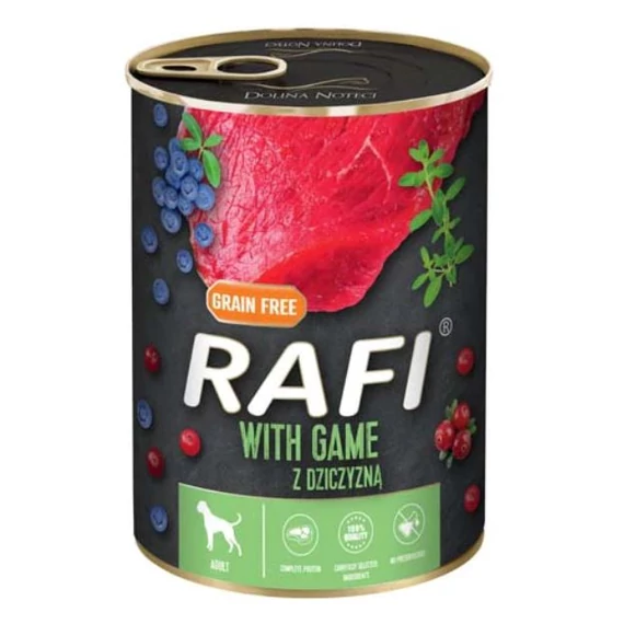 RAFI vadhúsos kutyakonzerv áfonyával felnőtt kutyáknak 400g