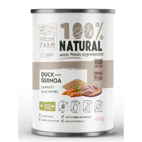 Fresh Farm Coarse pate duck quinoa carrots herbs 400g húsdarabos kacsás nedves kutyaeledel