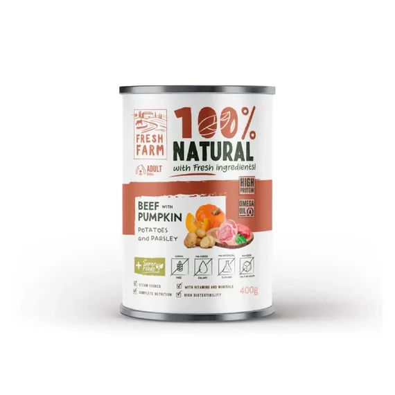 Fresh Farm Coarse pate beef pumpkin potatoes parsley 400g húsdarabos nedves kutyaeledel