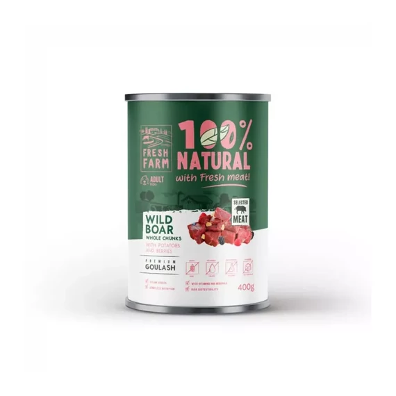 Fresh Farm Goulash wild boar potatoes berries 400g vaddisznós húskockás nedves kutyaeledel felnőtt kutyáknak