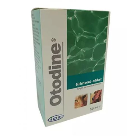 Otodine 50 ml-es fülmosó oldat doboza és műanyag flakonja kutyák és macskák részére