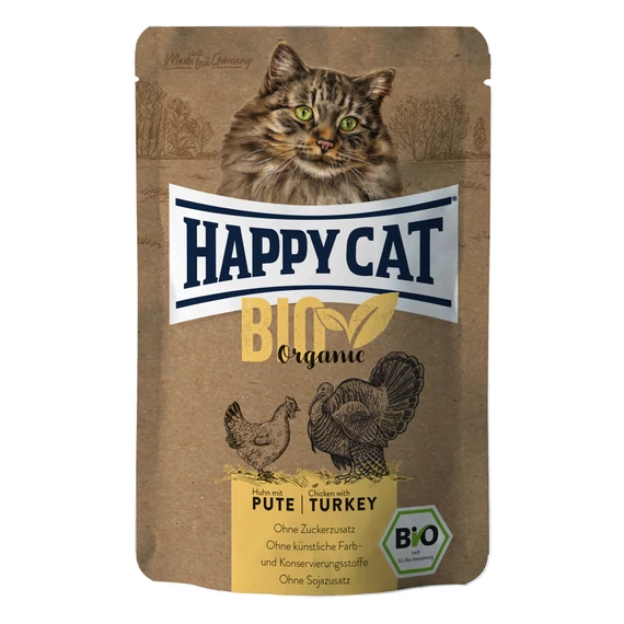 Happy Cat BIO csirke és pulyka alutasakos macskaeledel bio húsból, gabonamentes receptúrával