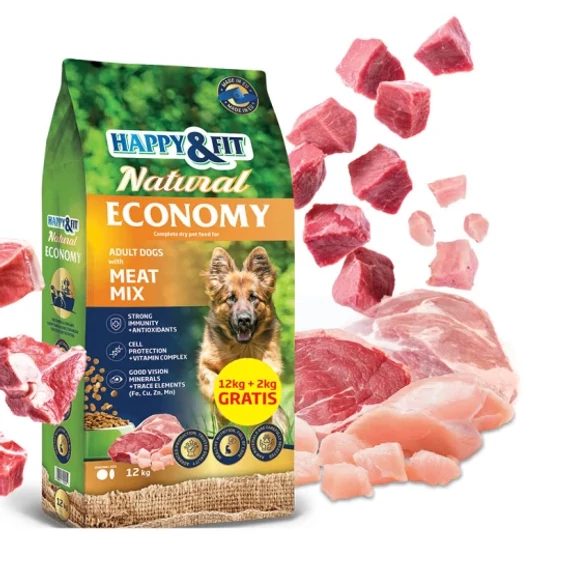Happy&Fit Natural Economy Adult 12kg-os felnőtt kutyatáp csomagolása