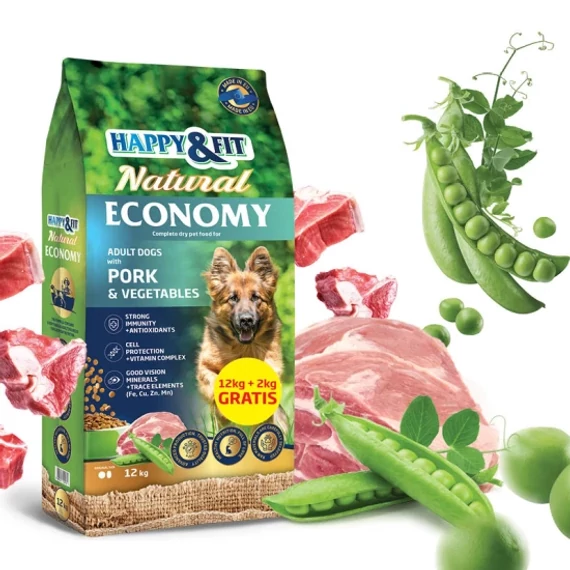 Happy&Fit Natural Economy Adult sertéshúsos és zöldséges kutyatáp 12kg-os zsák