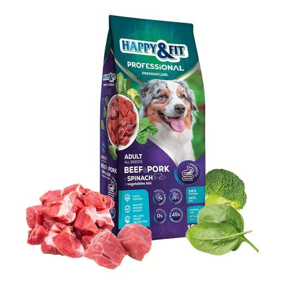 Happy&Fit Adult marha sertés kutyatáp spenóttal 19 kg