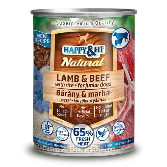 Happy&Fit Junior bárány marha kutyakonzerv rizzsel 400g