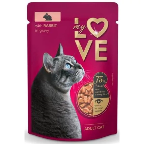 My Love alutasakos macskaeledel nyúl szószban 24x85g – nedves táp macskák számára, gazdag tápanyagokban.