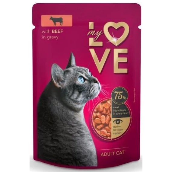  My Love alutasakos macskaeledel marha szószban 24x85g – ízletes marhás nedves táp macskák számára, vitaminokkal és ásványi anyagokkal gazdagítva.