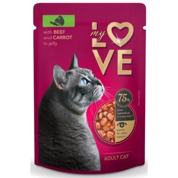  My Love alutasakos macskaeledel marha és répa zselében 24x85g – ízletes marhás, zöldségekkel gazdagított nedves táp macskák számára, vitaminokkal és ásványi anyagokkal.