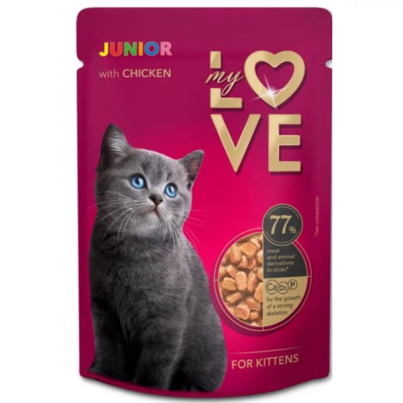 My Love alutasakos kölyök macskaeledel csirke 24x85g – finom csirkés nedves táp kiscicák számára, vitaminokkal és ásványi anyagokkal.