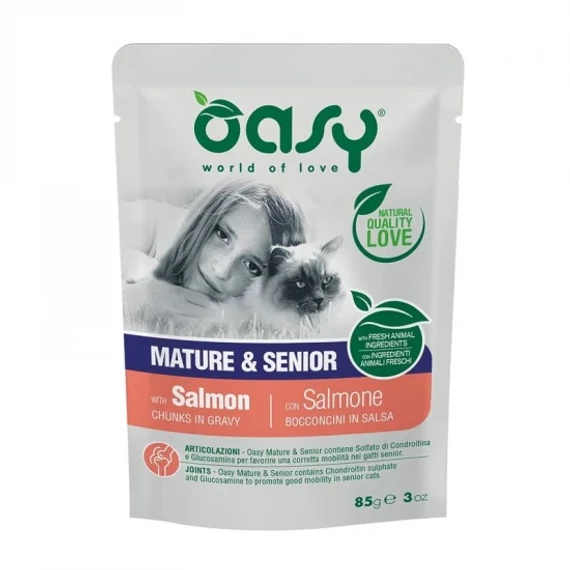 Oasy Cat Alutasakos Chunks in Gravy Mature & Senior Salmon 85g idős macskák lazacos eledel