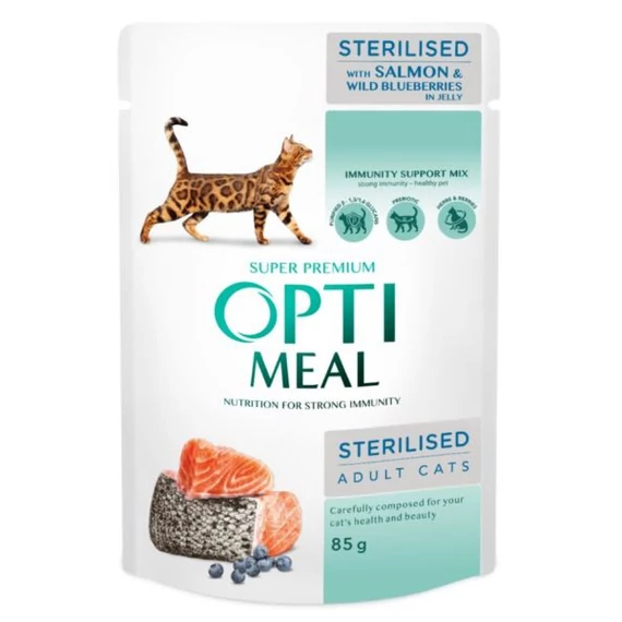 Optimeal Sterilised lazac áfonyával zselében 12x85g macskaeledel