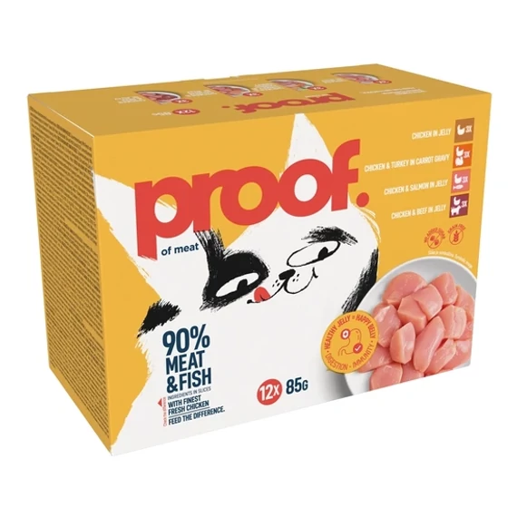 Proof Cat gabonamentes és magas hústartalmú alutasakos macskaeledel multipack 12 darabos vegyes válogatás doboza felnőtt macskáknak