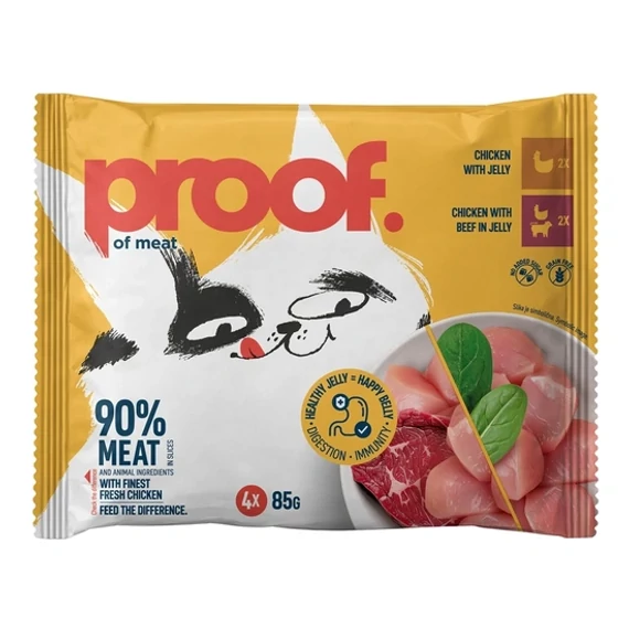 Proof Cat gabonamentes húsos alutasakos macskaeledel multipack 4 darabos válogatás doboza csirkés és marhahúsos ízekben
