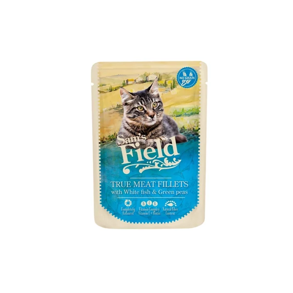 Sam's Field Cat Pouch fehér halfilé borsóval 24x85g nedves macskaeledel
