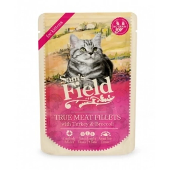 Sam's Field Cat Pouch Kitten pulykafilé brokkolival 24x85g nedves macskaeledel